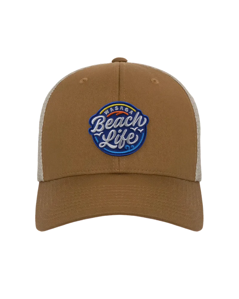 The Flexfit Snapback in caramel with the signature patch
